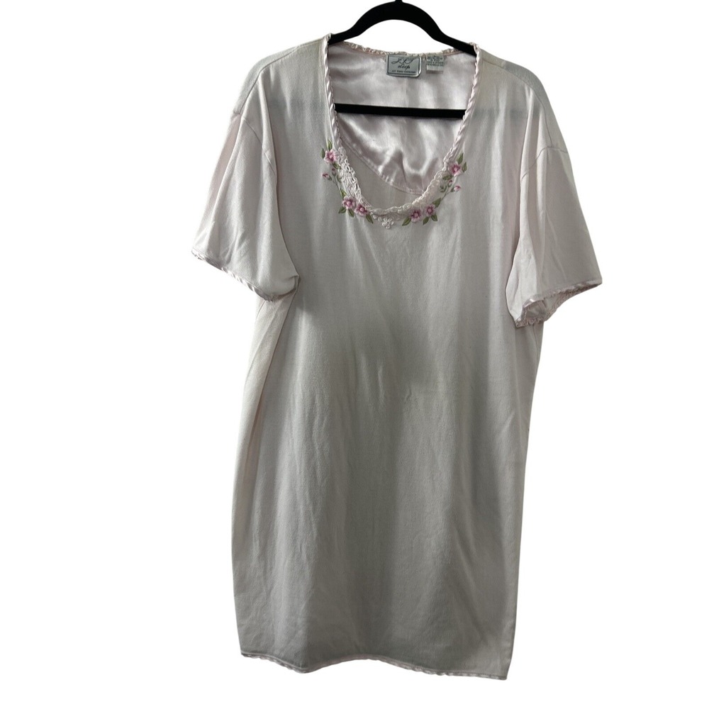 J.J.T. Sleep Floral Embroidered Nightgown L Pink Satin Trim Coquette Grandma